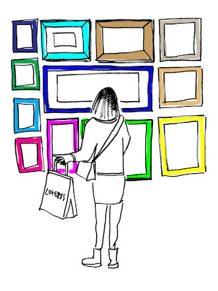 Illustration of lady viewing art gallery